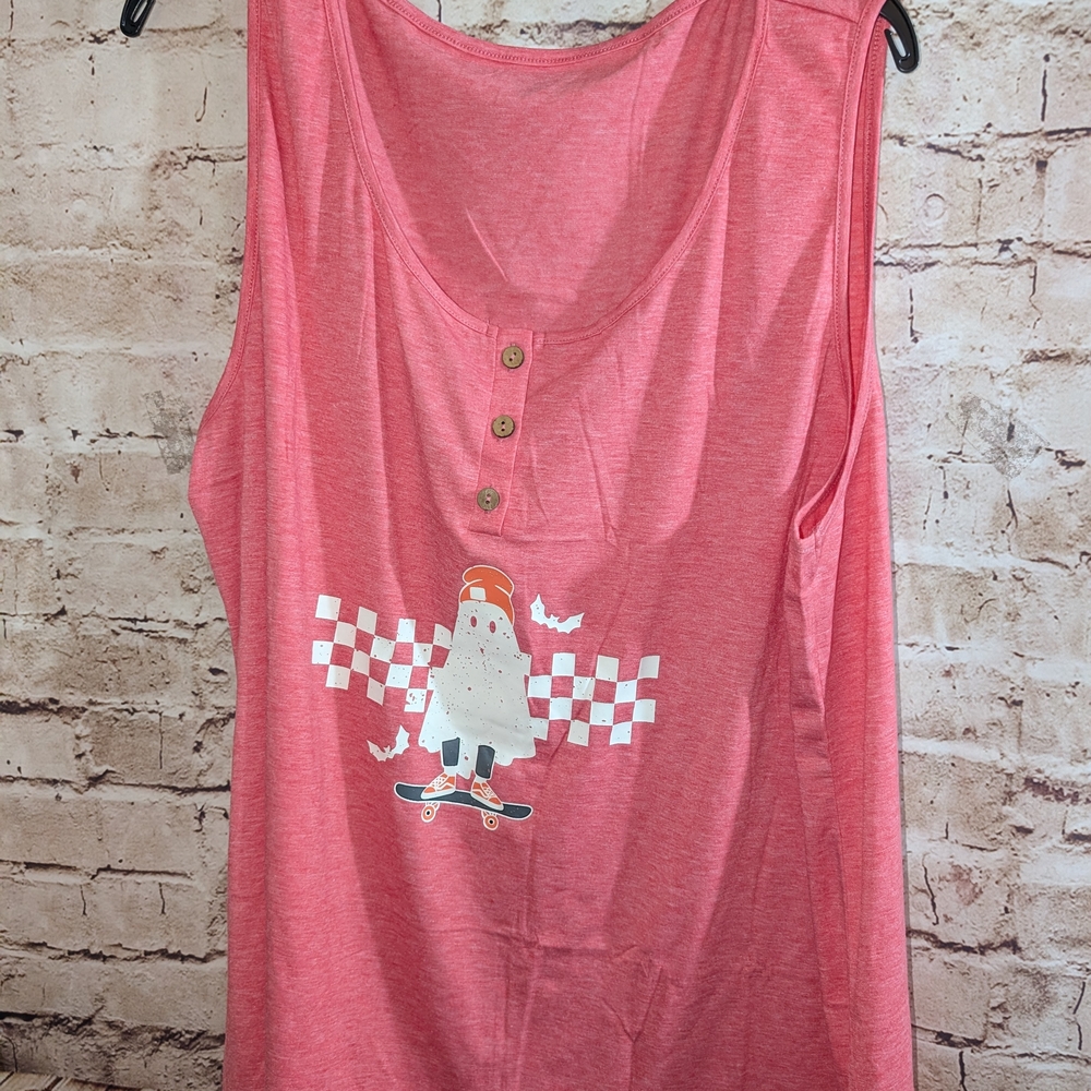 ♥️#1 pink sleeveless tank top featuring a graphic of a ghost skateboarding